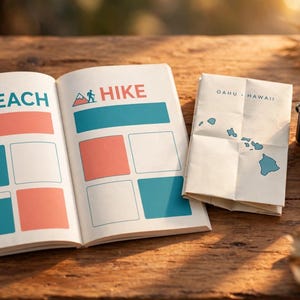 May include: An open planner with pages labeled BEACH and HIKE featuring colorful rectangular boxes for notes, alongside a folded map of Oahu, Hawaii, and a vintage-style camera. The planner layout includes icons of a wave and a hiker.