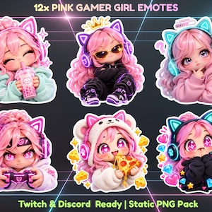 May include: A set of 12x PINK GAMER GIRL EMOTES featuring a character with pink hair and cat-ear headphones in various poses, including drinking boba, wearing sunglasses, loading, gaming, eating pizza, and surrounded by hearts and gems.