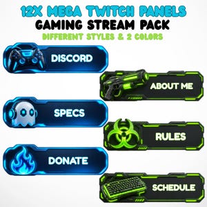 Può includere: Un pacchetto di streaming di gioco digitale con 12 pannelli Mega Twitch in due colori e stili. I pannelli blu mostrano icone per Discord, Specs e Donate. I pannelli neri e verdi presentano icone per About Me, Rules e Schedule.