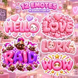 Könnte beinhalten: Ein Set aus 12 digitalen Emotes mit rosa und lila Text im Blasenstil. Die Designs enthalten die Wörter HELLO mit einem Kätzchen, LOVE umgeben von Herzen, RAID mit kleinen gepanzerten Charakteren, LURK mit einem Kätzchen und Kaffee sowie WOW mit Sternen.