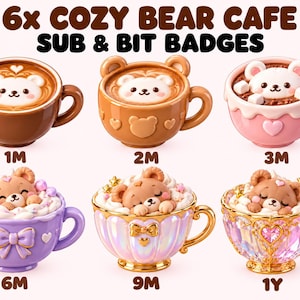May include: Six digital badges labeled 6x COZY BEAR CAFE SUB & BIT BADGES featuring various bear-themed coffee cups. The designs include brown, pink, purple, and iridescent ornate cups with latte art, marshmallows, and sleeping bear figures.