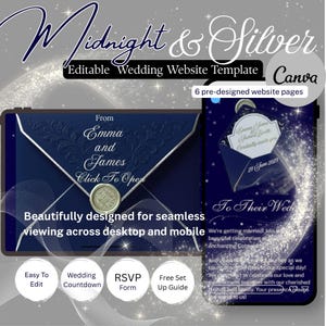 Puede incluir: Una plantilla digital de sitio web de bodas titulada Midnight & Silver que muestra un sobre azul oscuro con detalles plateados y un sello de cera. El diseño incluye seis páginas prediseñadas para escritorio y móvil con campos de texto.