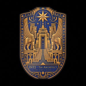 Könnte beinhalten: Eine schildförmige Grafik mit einer goldenen und blauen Illustration einer Zikkurat, flankiert von zwei geflügelten Stieren. Über dem Bauwerk befinden sich ein großer Stern und Mondsicheln. Der Text lautet INTJ - THE ARCHITECT - THE HIDDEN DESIGN.