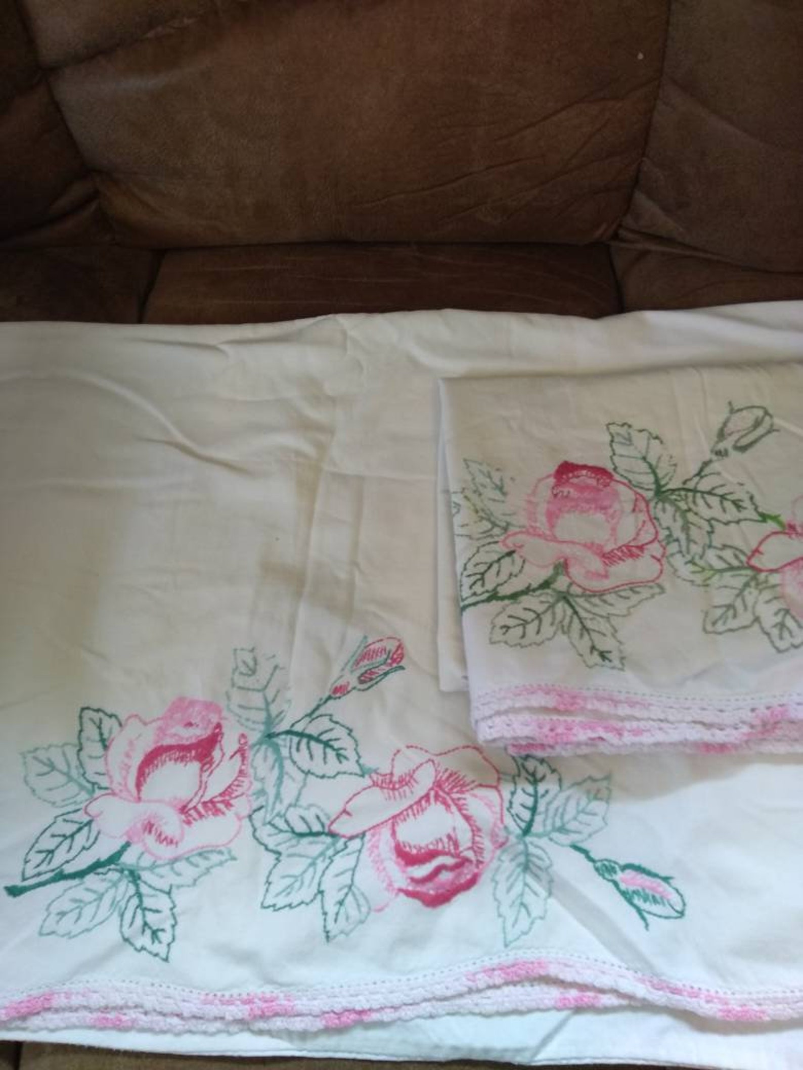 Vintage pillowcase pair with crocheted edge and embroidered Etsy