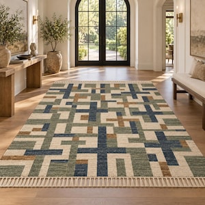 Alfombra de lana tejida a mano, estampado azul marino y verde salvia, estilo Bauhaus escandinavo moderno (tamaño personalizado)