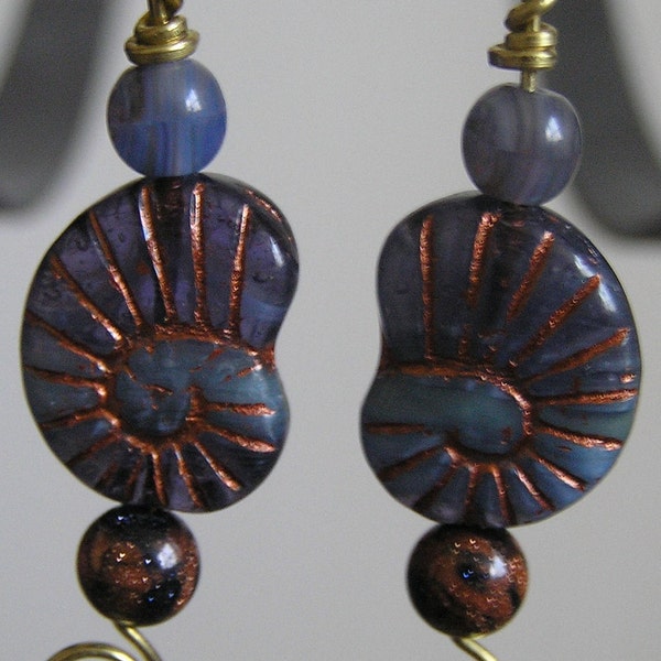 Czech Glass Indigo Ammonite Earrings w Marbled Goldstone and Brass Wire