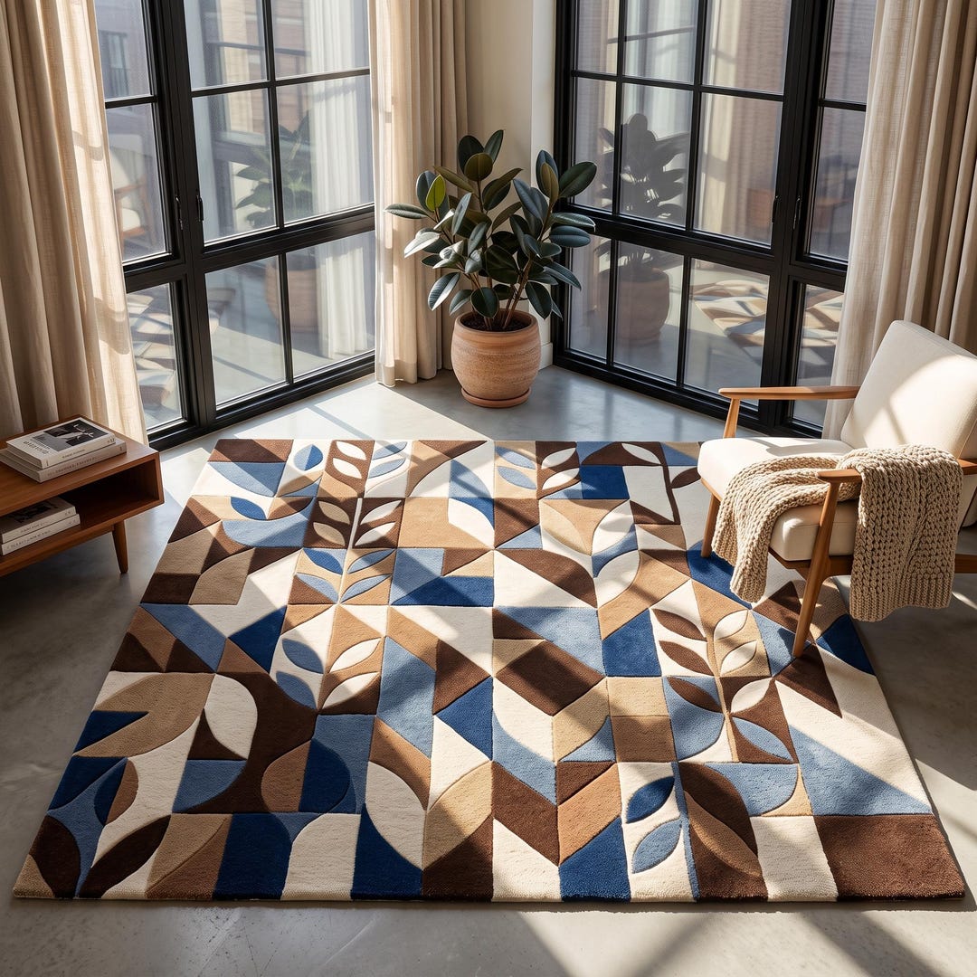 Mid Century Modern Rug | Geometric Leaf Area Rug | Navy Brown ...