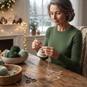 May include: A person wearing a green long-sleeved sweater crocheting a small cream-colored object with a silver hook. A ceramic bowl holds several balls of green yarn, while a woven basket contains additional yarn and a pair of black scissors.