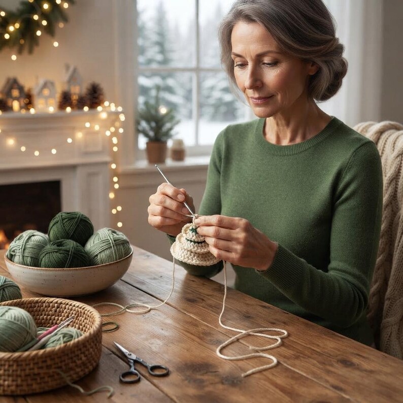 May include: A person wearing a green long-sleeved sweater crocheting a small cream-colored object with a silver hook. A ceramic bowl holds several balls of green yarn, while a woven basket contains additional yarn and a pair of black scissors.