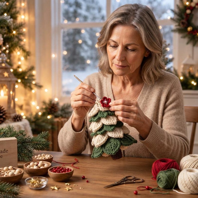 May include: A crocheted Christmas tree ornament featuring layered green and cream-colored leaves, topped with a small red flower with a white center. The ornament is being crafted with a silver crochet hook, with yarn balls and beads nearby.
