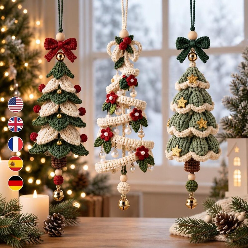 May include: Three hanging Christmas tree ornaments crafted from crochet. The left features green and cream layers with red berries and a red bow. The center is a spiral design with red flowers and pearls. The right has green layers with gold stars and a green bow.