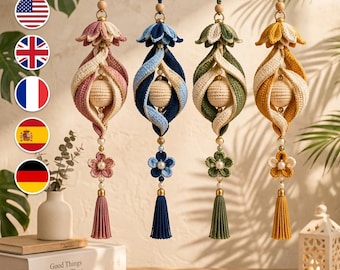 May include: Four hanging ornaments featuring crocheted spiral designs in pink, blue, green, and yellow. Each ornament includes a central crocheted sphere, a floral top, a small flower accent with a pearl center, and a matching bottom tassel.