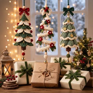 May include: Three hanging crochet Christmas tree ornaments featuring green and cream yarn, red bows, and small bells. The trees are decorated with red flowers, white pearls, and gold stars, suspended above wrapped gift boxes with green velvet ribbons.