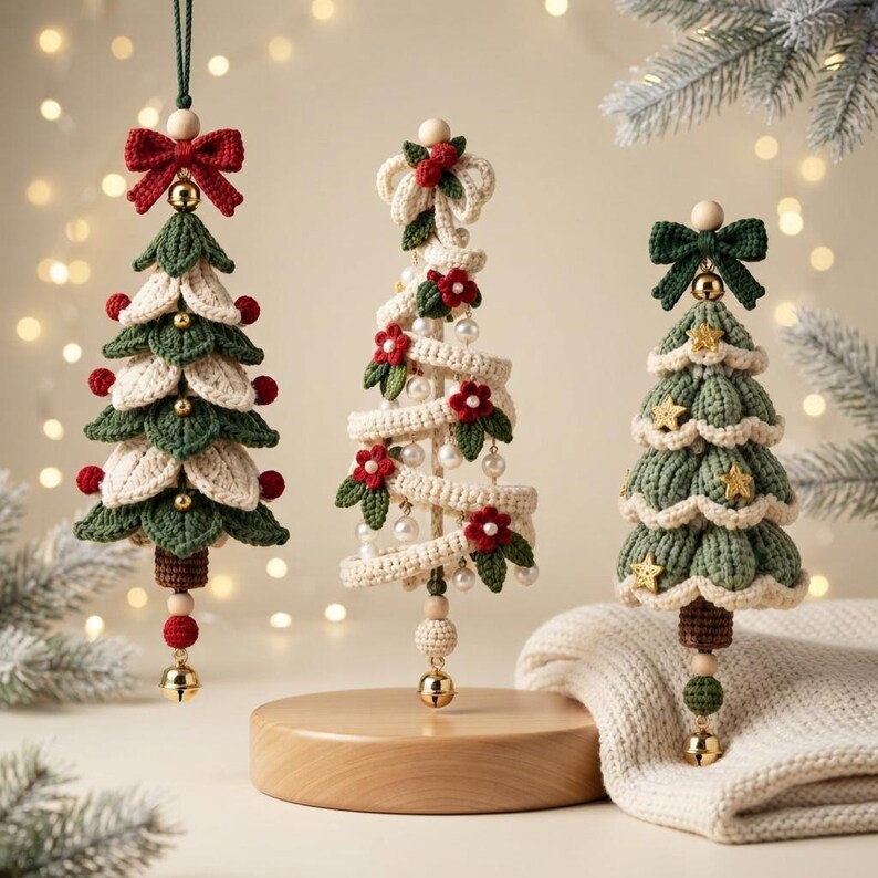 May include: Three decorative Christmas tree ornaments crafted from crochet. One hanging tree features green and cream layers with a red bow and bell. A central spiral tree is adorned with red flowers and pearls. A third tree features green and cream layers with a dark green bow and gold stars.