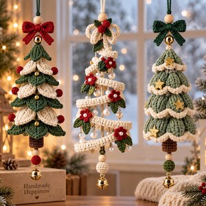 May include: Three hanging Christmas tree ornaments crafted from crochet yarn. The left features green and cream leaves with red berries and a red bow. The center is a spiral cream ribbon with red flowers and pearls. The right has green tiers with gold stars and a green bow.