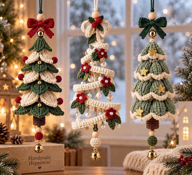 May include: Three hanging Christmas tree ornaments crafted from crochet yarn. The left features green and cream leaves with red berries and a red bow. The center is a spiral cream ribbon with red flowers and pearls. The right has green tiers with gold stars and a green bow.