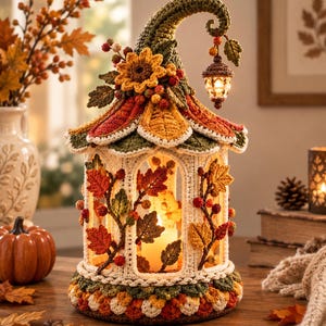 Op de afbeelding: Een decoratieve gehaakte lantaarn met een gebogen dak versierd met een zonnebloem, herfstbladeren en bessen. De structuur heeft boogvormige openingen, een lichtje binnenin en een eikelvormige lamp die aan de top van het dak hangt.
