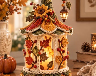 May include: A decorative crochet lantern featuring a curved roof adorned with a sunflower, autumn leaves, and berries. The structure has arched openings, a light inside, and a hanging acorn-shaped light fixture suspended from the roof peak.