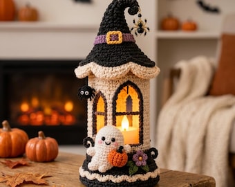 May include: A crochet witch hat lantern featuring a black pointed top with a purple band and yellow buckle. The cream-colored base has arched windows, a small white ghost holding a tiny orange pumpkin, a purple flower, and a hanging spider charm.