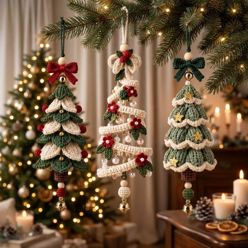 May include: Three hanging Christmas tree ornaments crafted from crochet yarn. The left features green and cream layers with red bows and beads. The center is a spiral cream ribbon with red flowers and pearls. The right has green tiers with gold stars.