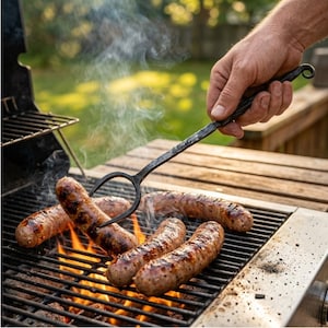 May include: A black metal grilling fork with a twisted handle and a two-pronged head, used to turn four browned sausages cooking over an open flame on a metal grate. The tool features a curled end on the handle and a dark, textured finish.