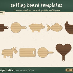 Könnte beinhalten: Eine digitale Grafik mit Schneidebrett-Vorlagen und dem Text cutting board templates, 12 router templates, animals, paddles, peel & plank, 12 shapes und makerdesigncreations. Neun holzfarbene Formen sind in zwei Reihen abgebildet.