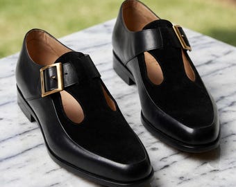 Scarpe con fibbia fatte a mano - Scarpe da uomo in pelle nera con fibbia dorata - Mocassini con cinturino a T