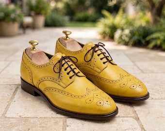 Handmade Yellow Brogue Oxford Shoes for Men | Mustard Wingtip Leather Dress Shoes | Formal Derby Shoes | Genuine Leather
