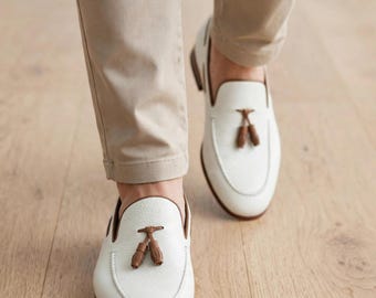 Handgemaakte loafers met kwastjes - Witte leren loafers met kwastjes voor heren - Witte loafers met structuur