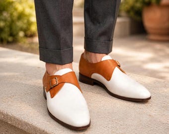 Weiße und braune Monk-Strap-Schuhe aus Leder für Herren | Handgefertigte elegante Oxford-Schuhe | Maßgefertigte zweifarbige Loafer
