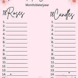 May include: A light pink event programme card featuring watercolour floral accents at the top and bottom. The text reads The debut of [Your name], Month/date/year, 18 Roses, and 18 Candles, with two numbered lists from 1 to 18 and blank lines.