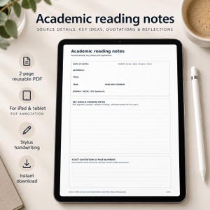 May include: A digital tablet displaying an academic reading notes template with sections for source details, key ideas, and quotations. The screen shows fields for author, title, and year. A white stylus rests beside the tablet on a desk surface.