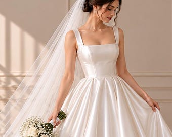 Elegant White Satin Bridal Ball Gown with Sheer Tulle Veil, Minimalist Custom Wedding Dress