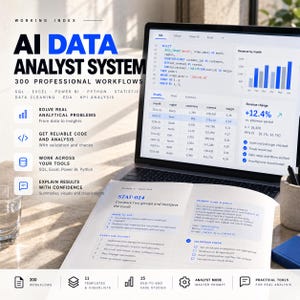 May include: A laptop displaying SQL code and data charts alongside a printed document titled STAT-014. The text reads AI DATA ANALYST SYSTEM 300 PROFESSIONAL WORKFLOWS, listing SQL, Excel, Power BI, and Python. The document includes sections for prompt, expected output, and validation checks.