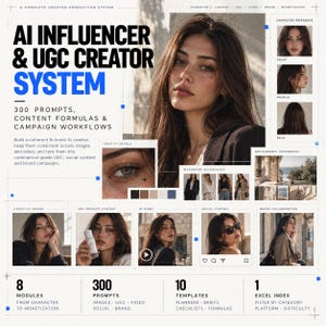 Könnte beinhalten: Ein digitaler Leitfaden mit dem Titel AI Influencer & UGC Creator System, der ein großes Porträt einer Person mit langem braunem Haar sowie kleinere eingefügte Fotos mit Charakterreferenzen, Garderobenoptionen und Lifestyle-Bildern zeigt.