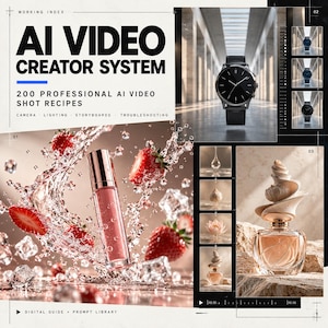 Könnte beinhalten: Ein digitaler Leitfaden mit dem Titel AI VIDEO CREATOR SYSTEM mit 200 professionellen KI-Video-Shot-Rezepten. Das Layout enthält eine Armbanduhr, einen Lipgloss-Stift umgeben von spritzendem Wasser, Erdbeeren und Eis sowie ein Parfümfläschchen.