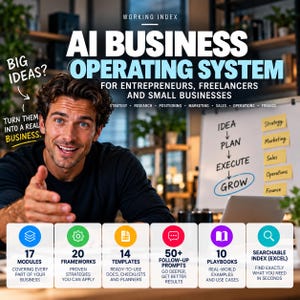 May include: A digital product advertisement titled AI Business Operating System for entrepreneurs, freelancers, and small businesses. It features a person, text, and six colorful icons representing 17 modules, 20 frameworks, 14 templates, 50+ prompts, 10 playbooks, and a searchable Excel index.