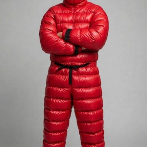 May include: A bright red, full-body quilted puffer jumpsuit featuring a hood that covers the entire head with a single circular opening for the face. The garment includes black cuffs at the wrists and a black belt cinched at the waist.