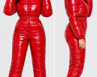 Women’s Glossy Red Puffer Jumpsuit with Fur Hood & Matching Slippers, Quilted Winter One Piece Outfit, Shiny Cold Weather Fashion