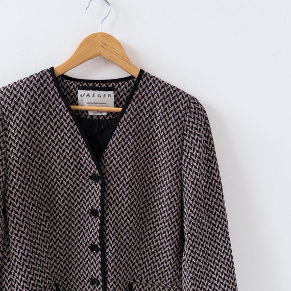 Jaeger, 90s Vintage Jaeger Herringbone Tweed Blazer Black Beige Old Money Jacket