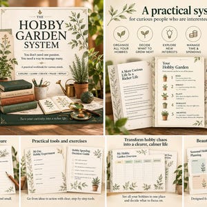 Könnte beinhalten: Ein 76-seitiges digitales Arbeitsbuch mit dem Titel The Hobby Garden System, das ein praktisches System für neugierige Menschen bietet. Es enthält Seiten für Hobby-Inventar, saisonale Planung, Ausgabenleitfäden und Projektverfolgung.