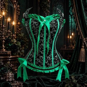 Fairy Corset in Emerald Brocade, Steel Boned Overbust with Satin Ribbon Trim