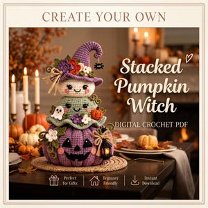 Virkmönster för staplade pumpor och häxor i PDF-format, Halloween-amigurumi-handledning (digital nedladdning)