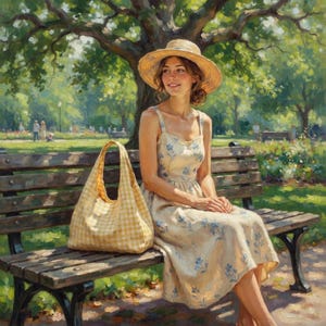May include: A person wearing a straw hat and a cream-coloured midi dress with a blue floral pattern, sitting on a wooden park bench next to a yellow and white gingham tote bag. The scene is set outdoors under a large tree with dappled sunlight.