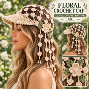 May include: A beige crochet cap featuring a lattice pattern, small floral motifs, and green leaf accents. The cap includes dangling floral strands adorned with small white pearls. The text reads FLORAL CROCHET CAP DIGITAL CROCHET PATTERN.