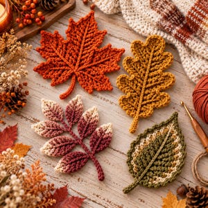 Könnte beinhalten: Vier gehäkelte Blätter in Herbstfarben: ein großes orangefarbenes Ahornblatt, ein goldgelbes Eichenblatt, ein mehrfarbiges rot-cremefarbenes gefiedertes Blatt und ein grün-cremefarbenes gezacktes Blatt, angeordnet auf einer hellen Holzoberfläche.