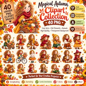 Peut inclure: Une collection numérique de 40 images PNG illustrant des filles aux cheveux bouclés en tenues d'automne, des citrouilles, des écureuils et des feuilles mortes. Le texte indique Magical Autumn Clipart Collection, 40 Unique PNG Clipart Images.