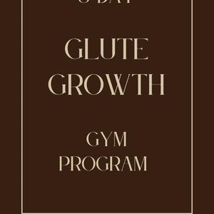 Könnte beinhalten: Ein dunkelbraunes digitales Dokument mit einem weißen, bogenförmigen Rand, das den Text RAINE RESOURCES, 3 DAY, GLUTE GROWTH, GYM PROGRAM und 3 DAY . GYM BASED . PROGRESSIVE OVERLOAD in einer klaren Serifenschrift mittig enthält.