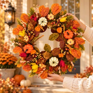 May include: A circular autumn wreath featuring a mix of orange, red, and brown faux leaves, small white and orange pumpkins, yellow flowers, and clusters of red and yellow berries. The wreath is constructed with varied foliage and seasonal accents.