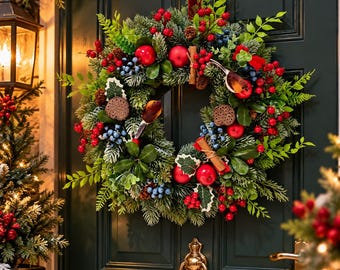May include: A circular wreath featuring green pine needles, bright red berries, small blue berries, red apples, cinnamon sticks, and brown seed pods. The wreath is hung on a dark green door with a gold metal door knocker and a gold handle.